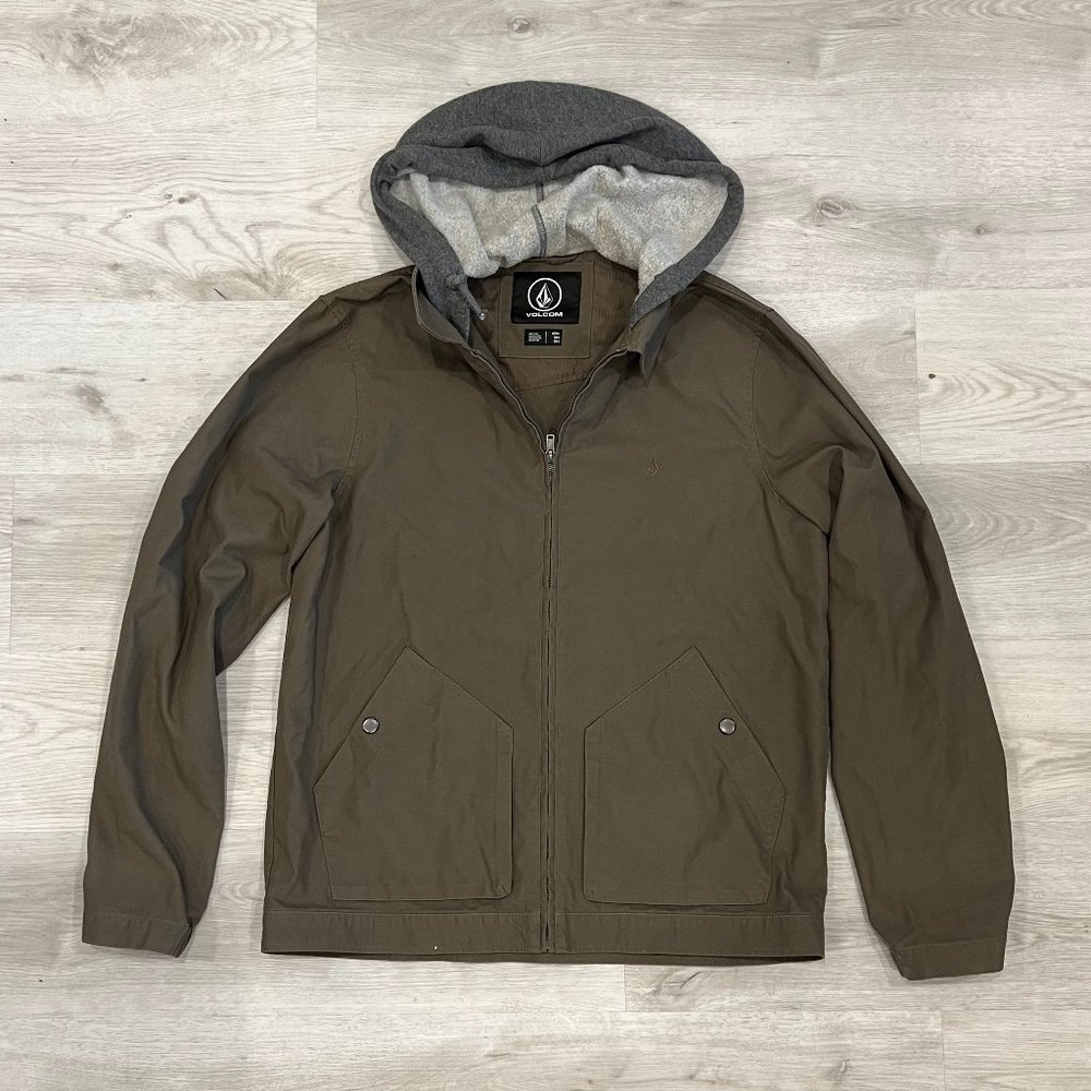 Volcom Jacket Men's Green Large with Hood Hoodie Zipper Zip-Up